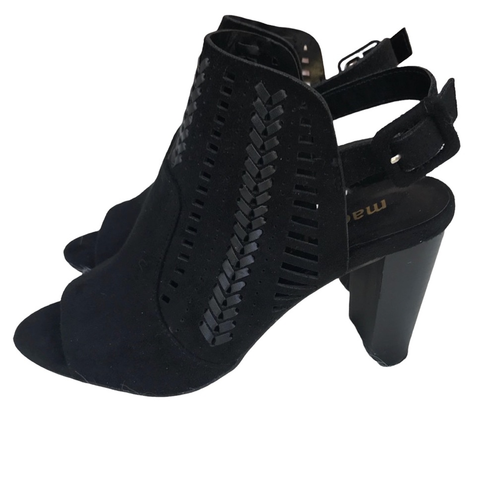 Madden Chester Black Suede Chunky Heel Sling Back Peep Toe Heel 7